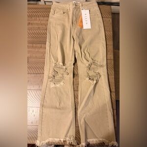 Risen Women's Beige Distressed Straight Leg Jeans